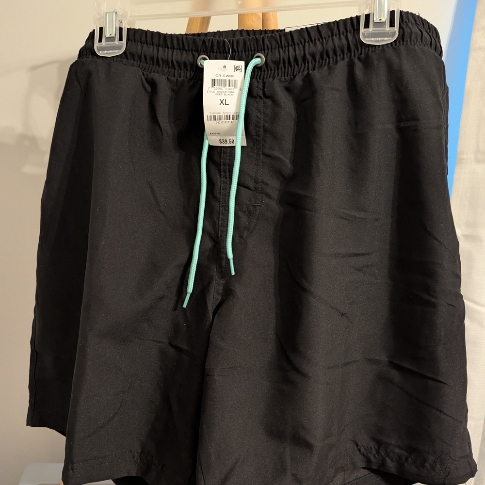 Men's Black Swim Shorts with Teal Drawstring - Unbranded